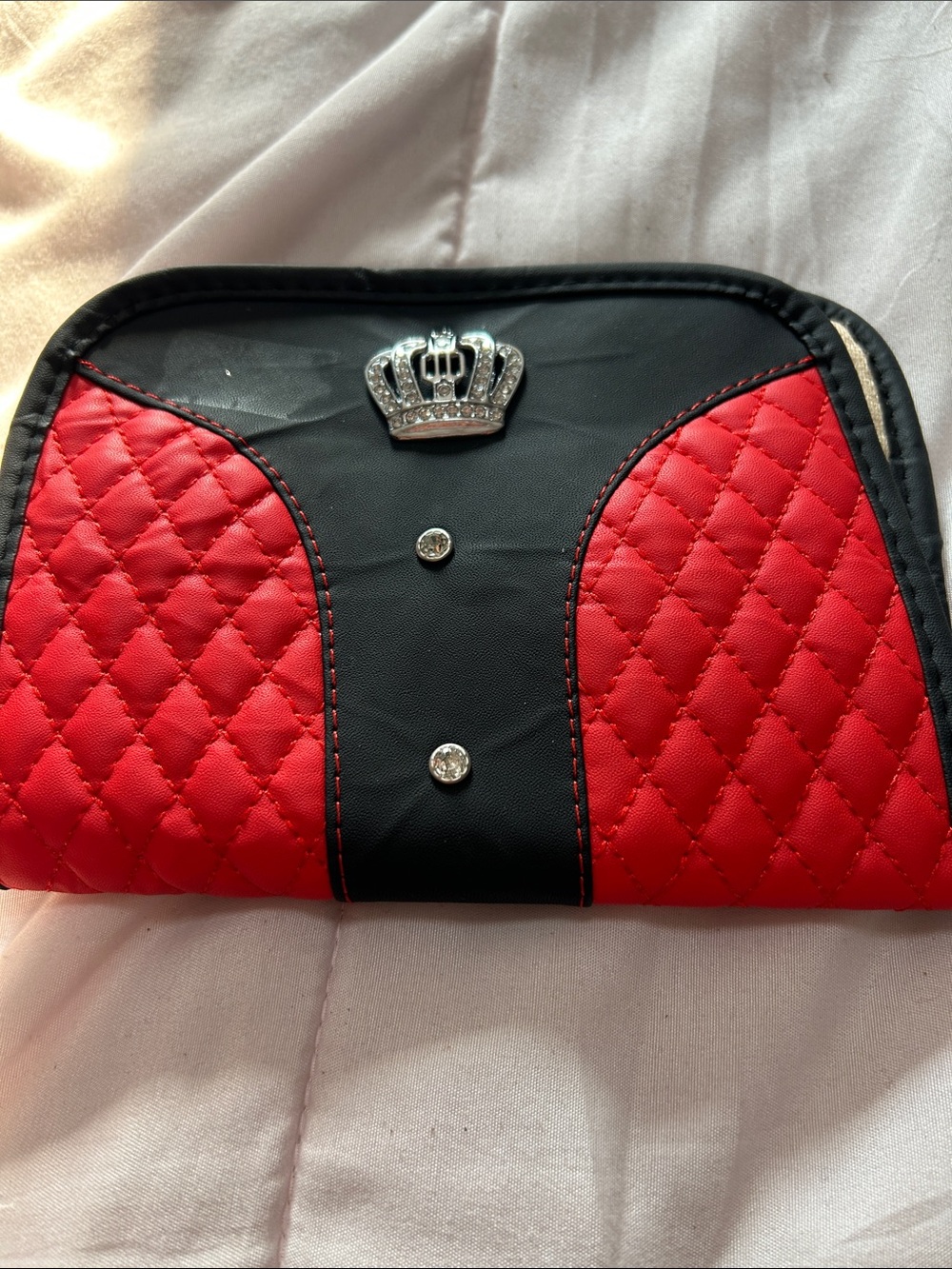 Quilted Red and Black Cosmetic Pouch with Crown Accent